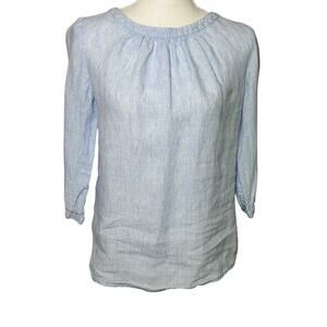 Boden Katie blue and white striped 100% linen 3/4 sleeve back button top size 6